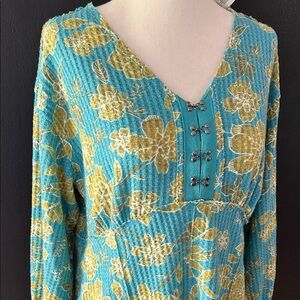 Cato Teal and Olive Floral Knit Top